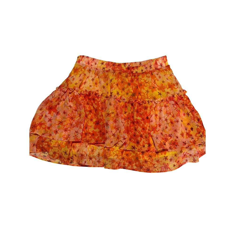 Allegra K Orange Floral Tiered Ruffle Mini Skirt Elastic Waist Chiffon Womens M